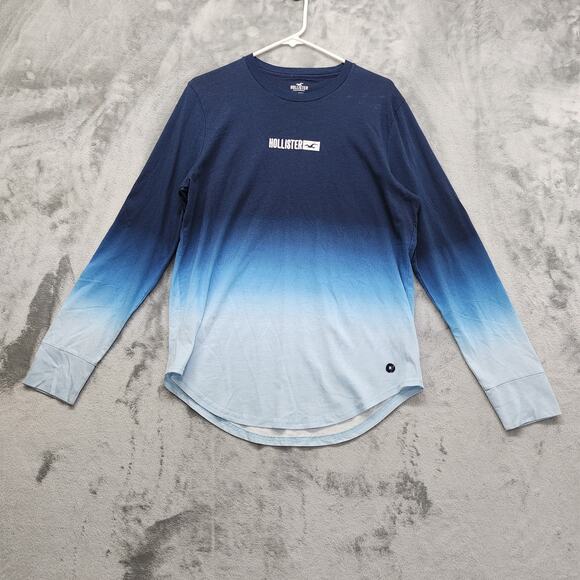 Hollister Ombre Dip Dye Crew Neck Long Sleeve Tee Size M Blue Cotton Curved Hem - Picture 1 of 9